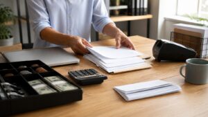 Business owner hands organizing blank banking paperwork