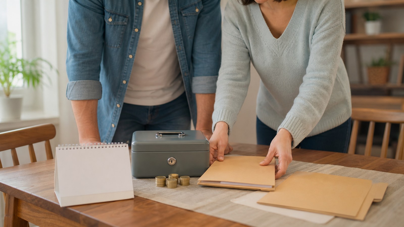 Hands placing a folder beside a locked cash box on a tidy table
