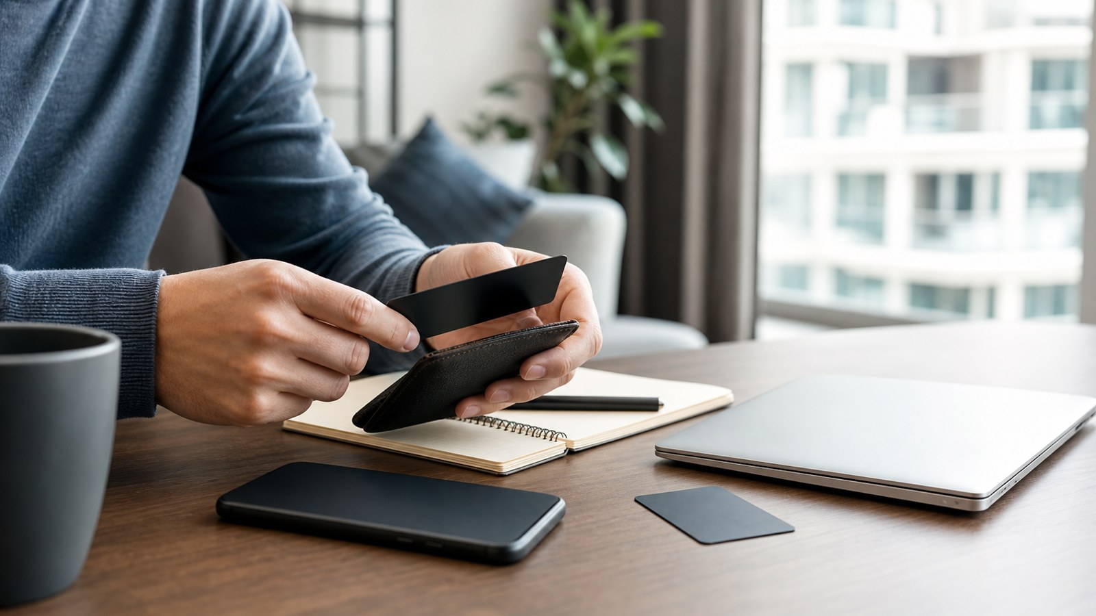 Hands arranging mobile banking materials with devices face down