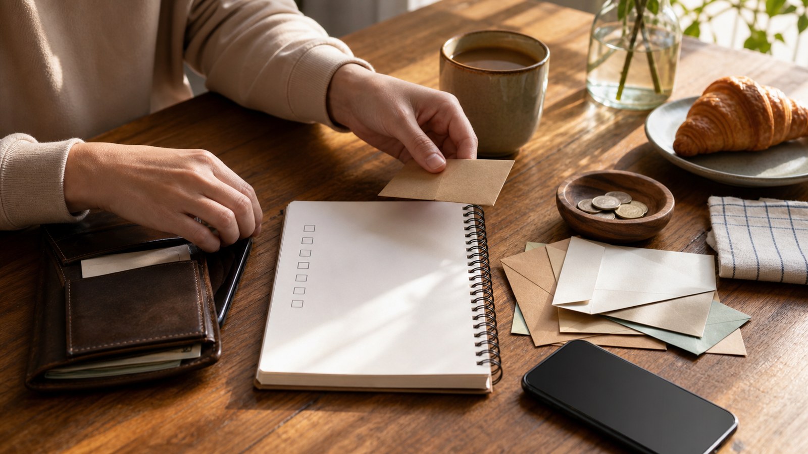 Hands organizing weekly banking materials at a breakfast table