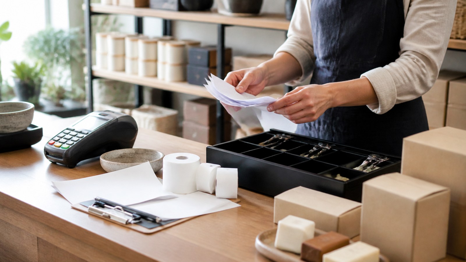 Business owner hands organizing merchant payment paperwork
