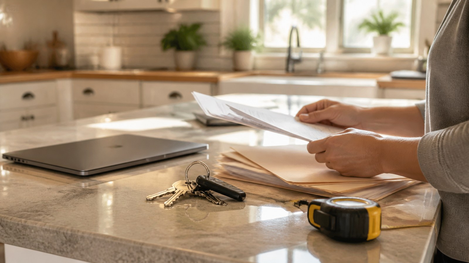 Hands reviewing home finance folders beside house keys
