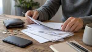 Hands organizing blank banking notices with wallet and coins