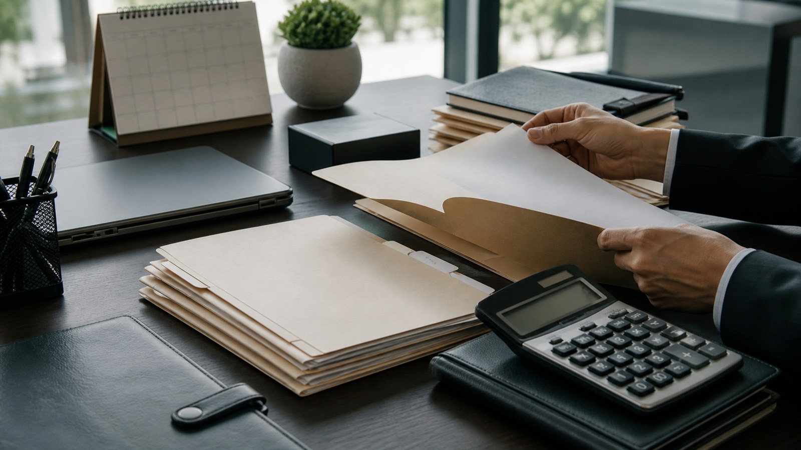 Finance manager hands organizing payroll and treasury folders