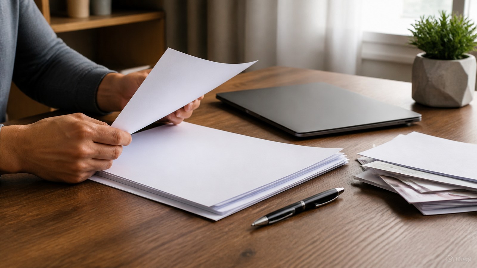 Hands organizing blank personal loan documents