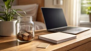 A glass savings jar and banking materials on a sunlit home desk