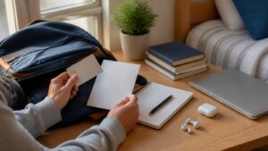 Student hands organizing simple banking materials on a dorm desk
