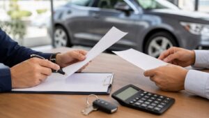 Hands comparing blank auto financing paperwork