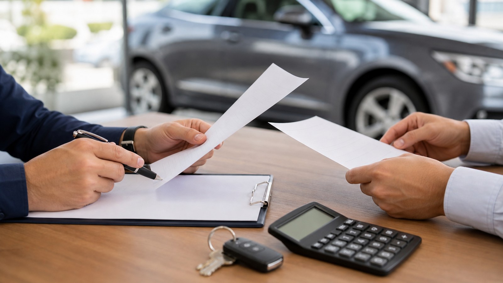 Hands comparing blank auto financing paperwork