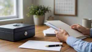 Hands reviewing certificate of deposit paperwork beside a locked cash box