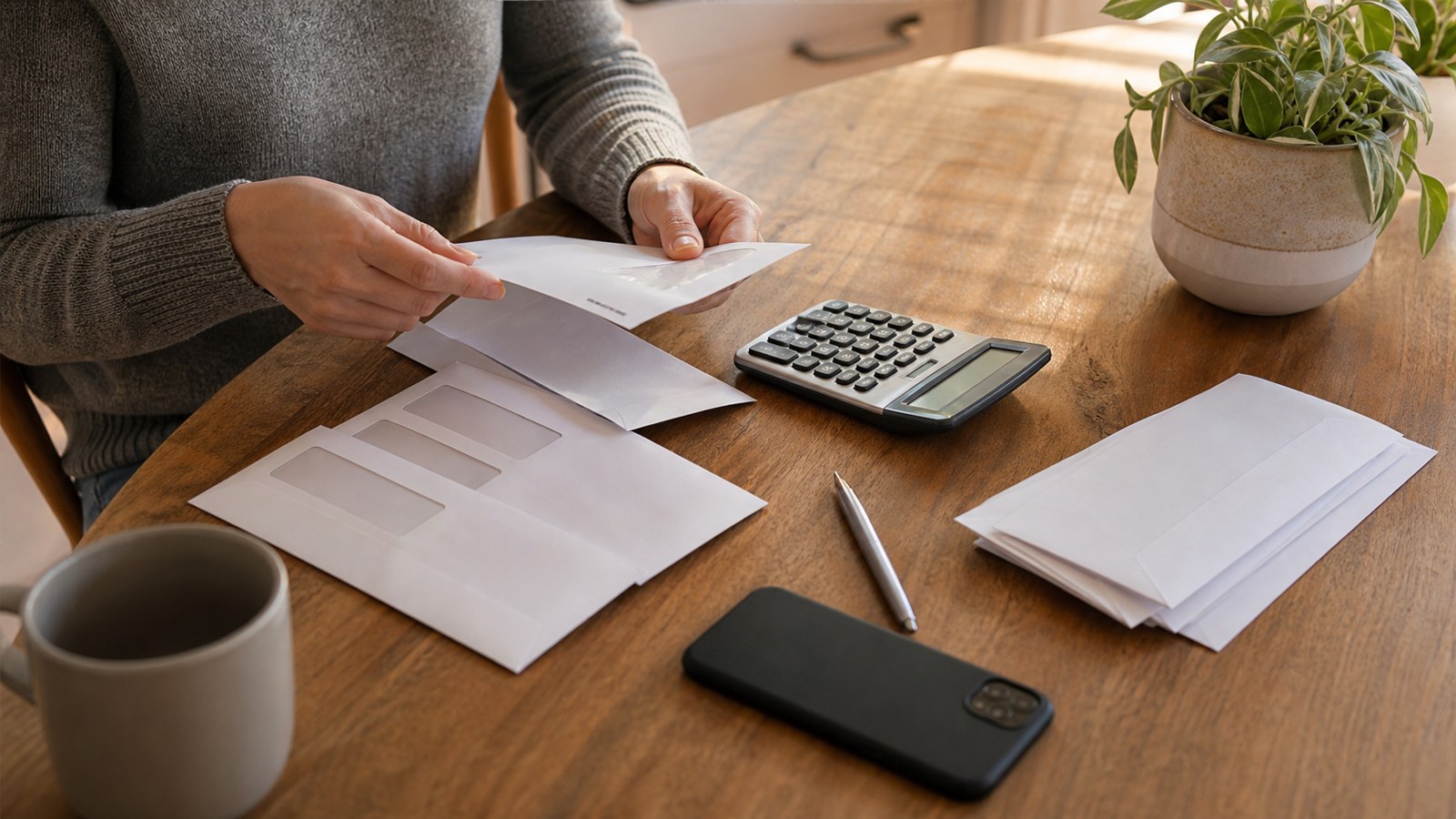 Hands reviewing blank banking paperwork and a calculator at a kitchen table