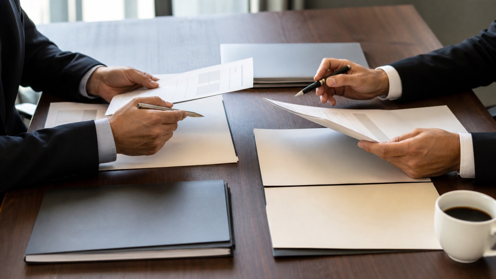 Executive hands comparing blank commercial lending documents