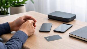 Hands reviewing digital banking materials without visible screens