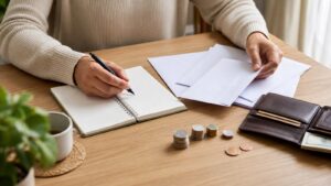 Hands reviewing everyday banking materials with blank envelopes