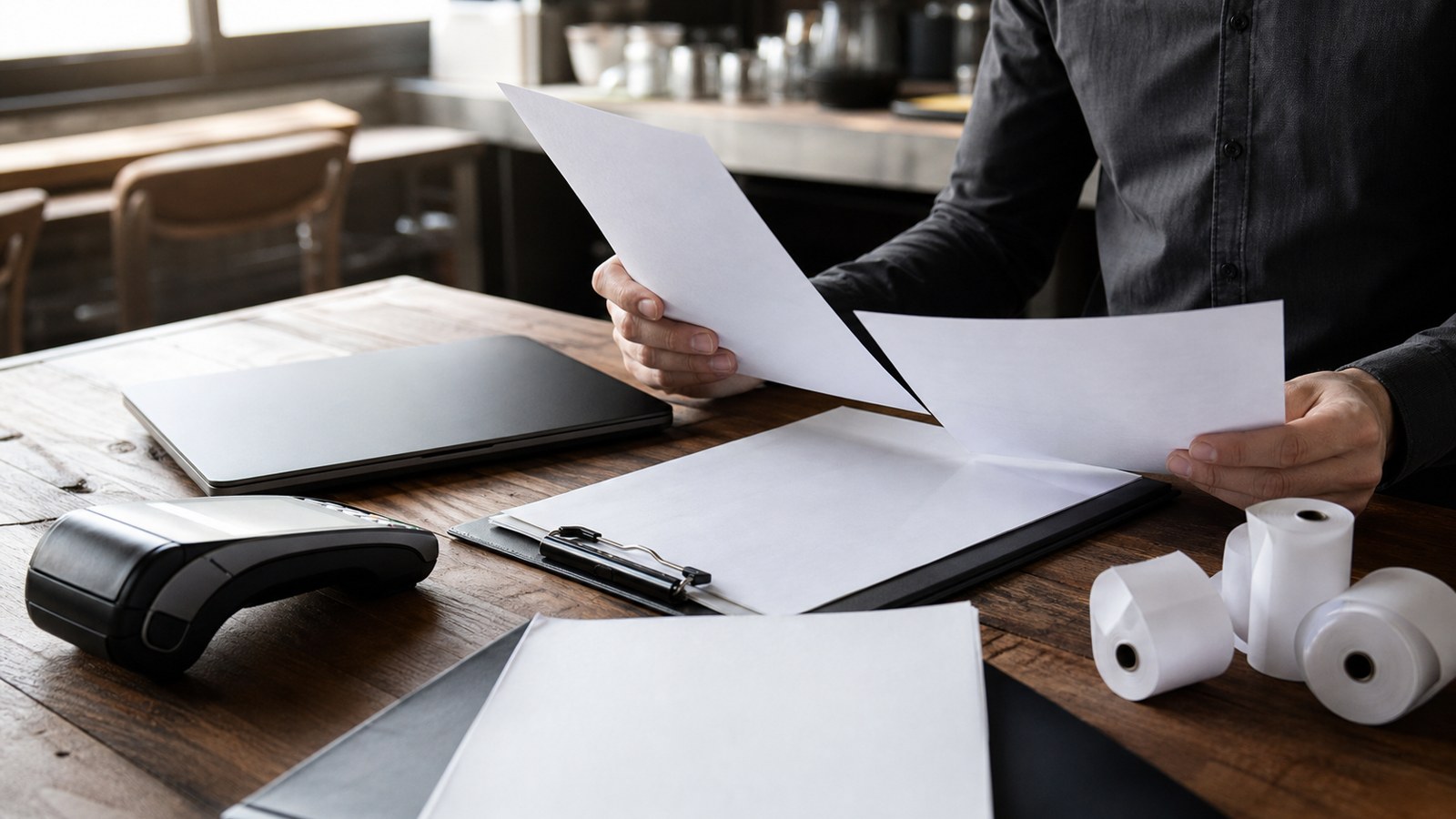 Manager hands comparing merchant services paperwork