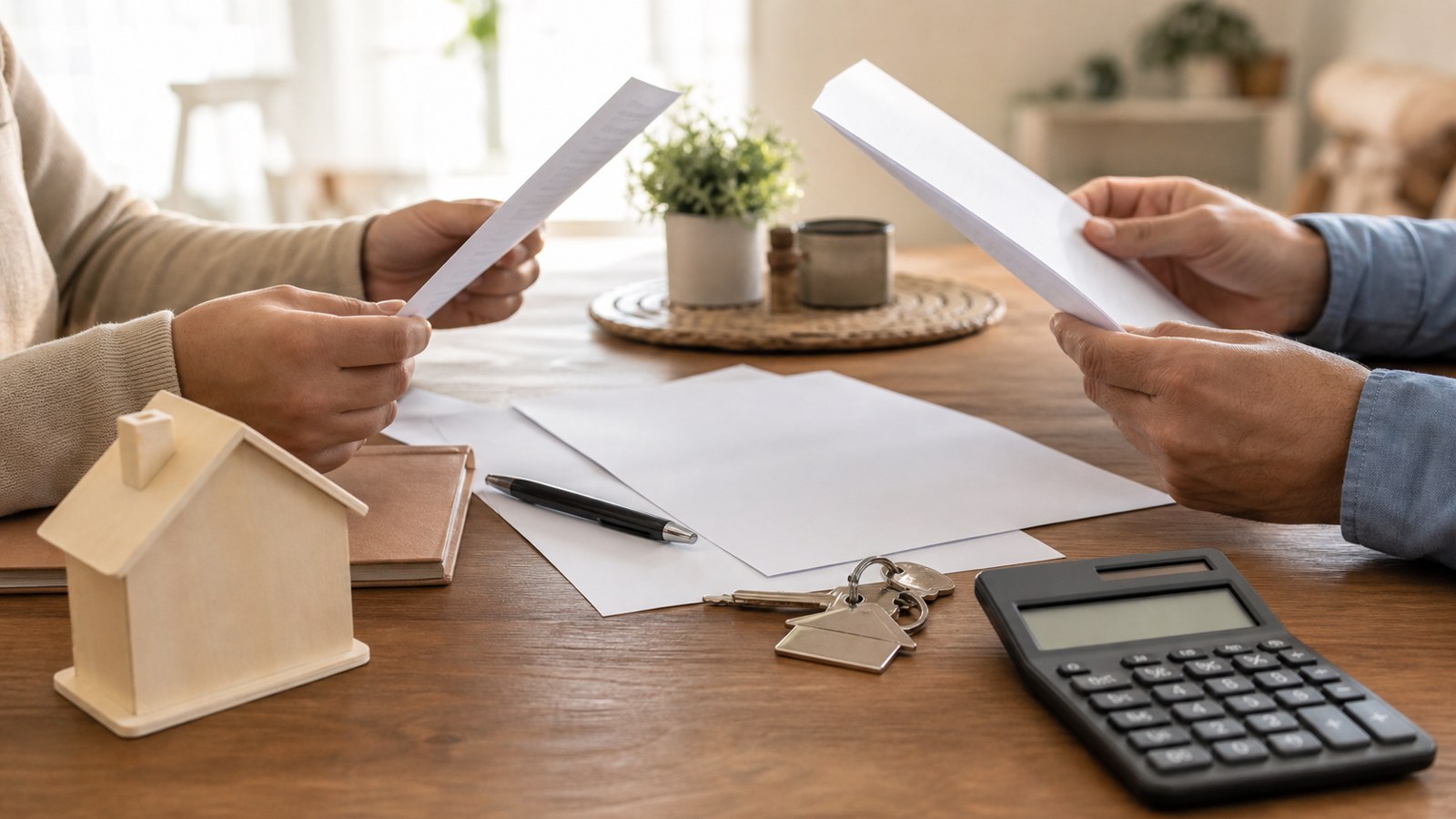 Hands comparing home equity paperwork beside house keys
