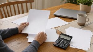 Hands comparing blank personal loan papers and a calculator