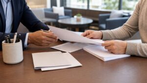 Customer and advisor hands reviewing blank savings paperwork in a neutral bank lobby